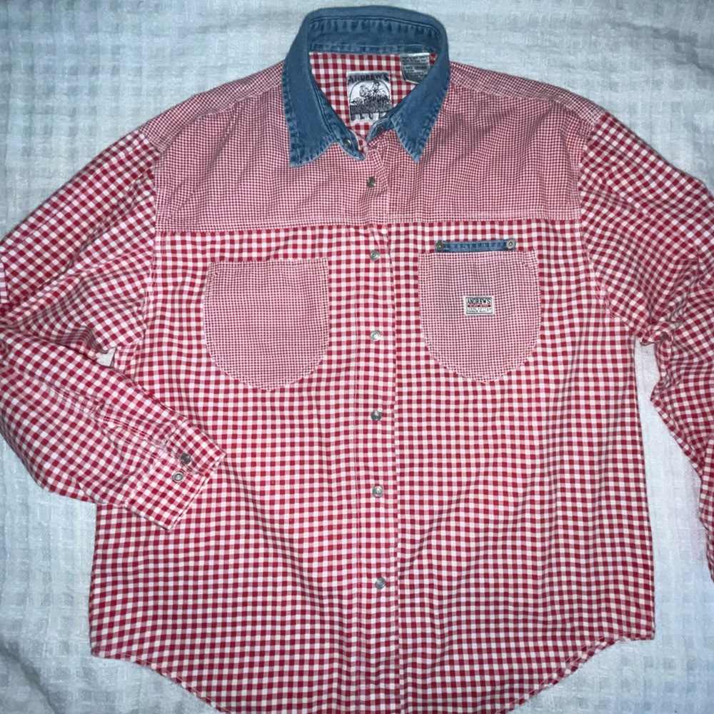 Womens Button Down Vintage Sz|L Western Gingham Checkered Denim Long Sleeve